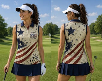 Patriotic Sleeveless Golf Polo Shirt for Women, America 250 Anniversary Golf Top 1776-2026, USA Flag Golf Outfit, 4th of July Country Club 2