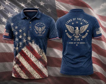 Vintage American Eagle Polo Shirt Men, Patriotic USA Flag Golf Polo, 1776 Land Of The Free Shirt, 4th Of July Polo, Americana Gift For Him