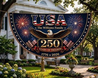 Personalized USA 250th Anniversary Fan Flag, Custom Family Name Patriotic Banner, Semiquincentennial Eagle Decor, 1776 2026 Freedom Flag