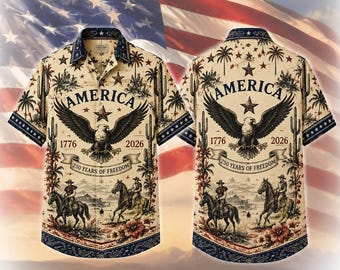 Western Americana Hawaiian Shirt, Patriotic Eagle & Cowboy Print, 250 Years of Freedom, America 1776 2026, 4th of July Summer Shirt for Men