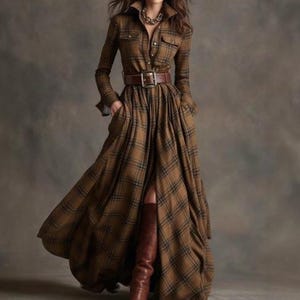 Vintage Plaid Maxi Dress, Long Sleeve Belted Flannel Shirt Dress