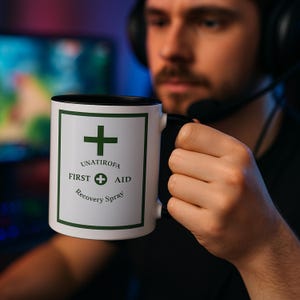 Könnte beinhalten: Weißer Kaffeebecher mit schwarzem Innenraum und Griff. Der Becher zeigt ein grünes Kreuzsymbol und die Worte "UNATIROFA FIRST AID Recovery Spray" in einem grünen rechteckigen Rahmen. Der Becher wird von einer Person mit Headset gehalten.