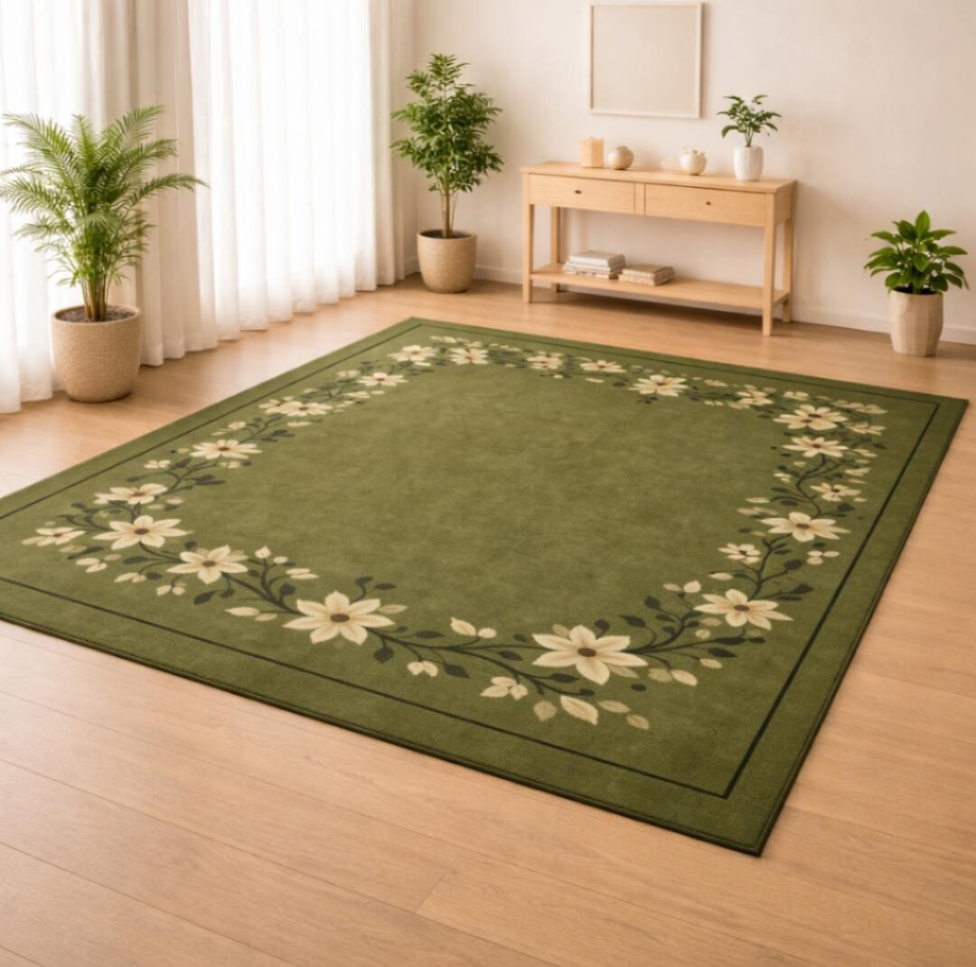 Luxury Olive Green Floral Border Carpet Premium Soft Area Rug With ...