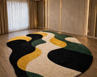 Modern Abstract Area Rug, Luxury Wavy Pattern Carpet, Green Mustard Cream Black Rug, Contemporary Living Room Rug, Irregular Shape Designer