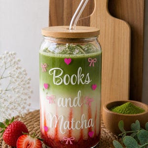 Books and Matcha Glass Cup | Cute Coquette Cup with Lid and Straw | Aesthetic Iced Coffee Glass | Book Lover Gift