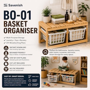 Ritningar för tvättkorgorganisering | DIY-förvaringsbänk i trä | Tvättsorterare | Leksaksförvaringsbänk | PDF-ritningar för träbearbetning | Organisatör för entrén