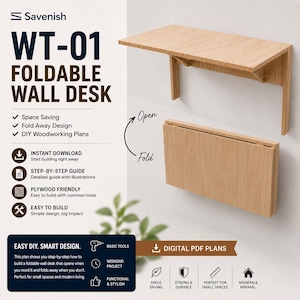 Può includere: Una scrivania da parete pieghevole in legno chiaro mostrata sia in posizione aperta che chiusa. Il testo recita Savenish WT-01 Foldable Wall Desk, Space Saving, Fold Away Design, DIY Woodworking Plans, Instant Download, Step-by-Step Guide, Plywood Friendly, Easy to Build.
