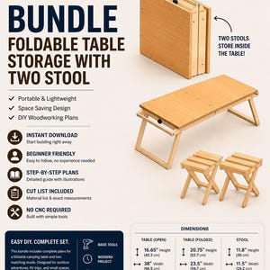 May include: A Savenish bundle of DIY woodworking plans for a foldable table and two stools. The image displays the assembled light wood table and stools, the table folded for storage, and a chart with dimensions in inches and centimeters.