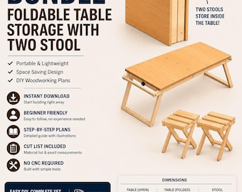 May include: A Savenish bundle of DIY woodworking plans for a foldable table and two stools. The image displays the assembled light wood table and stools, the table folded for storage, and a chart with dimensions in inches and centimeters.
