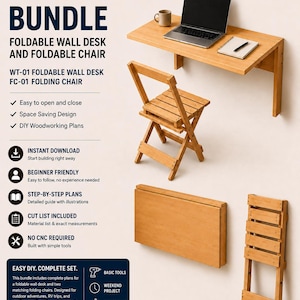 Puede incluir: Un escritorio de pared plegable y una silla plegable de madera clara, mostrados en posiciones abierta y cerrada. El texto dice Savenish BUNDLE FOLDABLE WALL DESK AND FOLDABLE CHAIR, WT-01 FOLDABLE WALL DESK, FC-01 FOLDING CHAIR, e incluye detalles del proyecto.