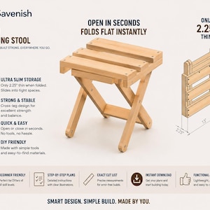 Könnte beinhalten: Ein helles Holzklapphocker, Modell FS-01, mit einem Kreuzbeingestell. Der Hocker lässt sich auf 5,7 cm Dicke zusammenklappen und misst 33 cm Breite und 42,5 cm Höhe im geöffneten Zustand. Der Text lautet: "Öffnet sich in Sekunden, klappt sofort flach."