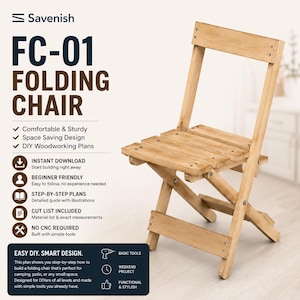 Op de afbeelding: Een lichtbruine houten klapstoel met een zitting en rugleuning van latten. De tekst aan de linkerkant luidt Savenish FC-01 FOLDING CHAIR, met details over doe-het-zelf houtbewerkingsplannen, directe download, beginnersvriendelijk en geen CNC.