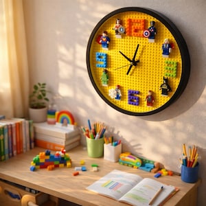 Może przedstawiać: Żółty zegar w stylu Lego z czarną ramą, przedstawiający figurki superbohaterów i bloki z numerami. Wskazówki zegara są czarne. Zegar jest zamontowany na białej ścianie nad drewnianym biurkiem z książkami, ołówkami i zabawkami.