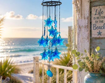 Blue Starfish Wind Chime Coastal Decor, Ocean Hanging Wind Chimes for Patio Garden, Beach House Outdoor Decor Gift