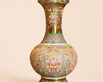Chinoiserie Floral Vase, Cloisonne Style Lotus Vase, Vintage Inspired Decorative Vase, Elegant Mantel Decor, Housewarming Gift