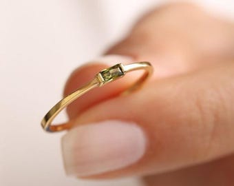 14K Gold Baguette Birthstone Ring: Dainty Stacking Ring,Minimal Baguette Birthstone Ring,Mother's Day Gift,Meaningful gift for Mother's Day.