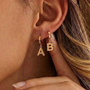 Personalized Initial Hoop Earrings, Custom Mother Gift,Baby Letter Dangle Earrings – 925 Sterling Silver, 14K Gold Plated