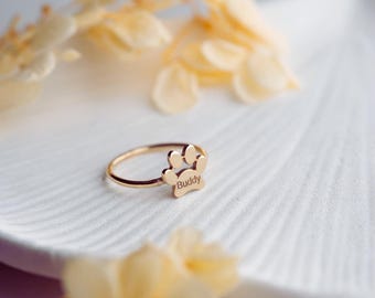 Anillo personalizado con huella de pata / Anillo personalizado con nombre de perro o gato / Joyería delicada con huella de mascota / Regalo para mamás de perros y gatos, anillo de plata 925, regalo para el Día de la Madre