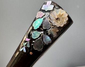 Vintage Japanese Lacquer Kanzashi Hair Stick, Black Wood with Mother-of-Pearl Floral Inlay, Kimono Accessory