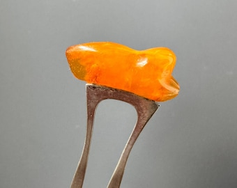 Vintage Japanese Hairpin with Orange Translucent Stone, Silver Tone Kanzashi for Kimono