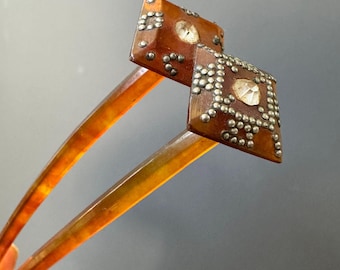 Vintage Japanese Kanzashi Hairpin, Art Deco Celluloid with Silver Tone Studs & Faceted Clear Stone, Taisho Showa Era Kimono Accessory