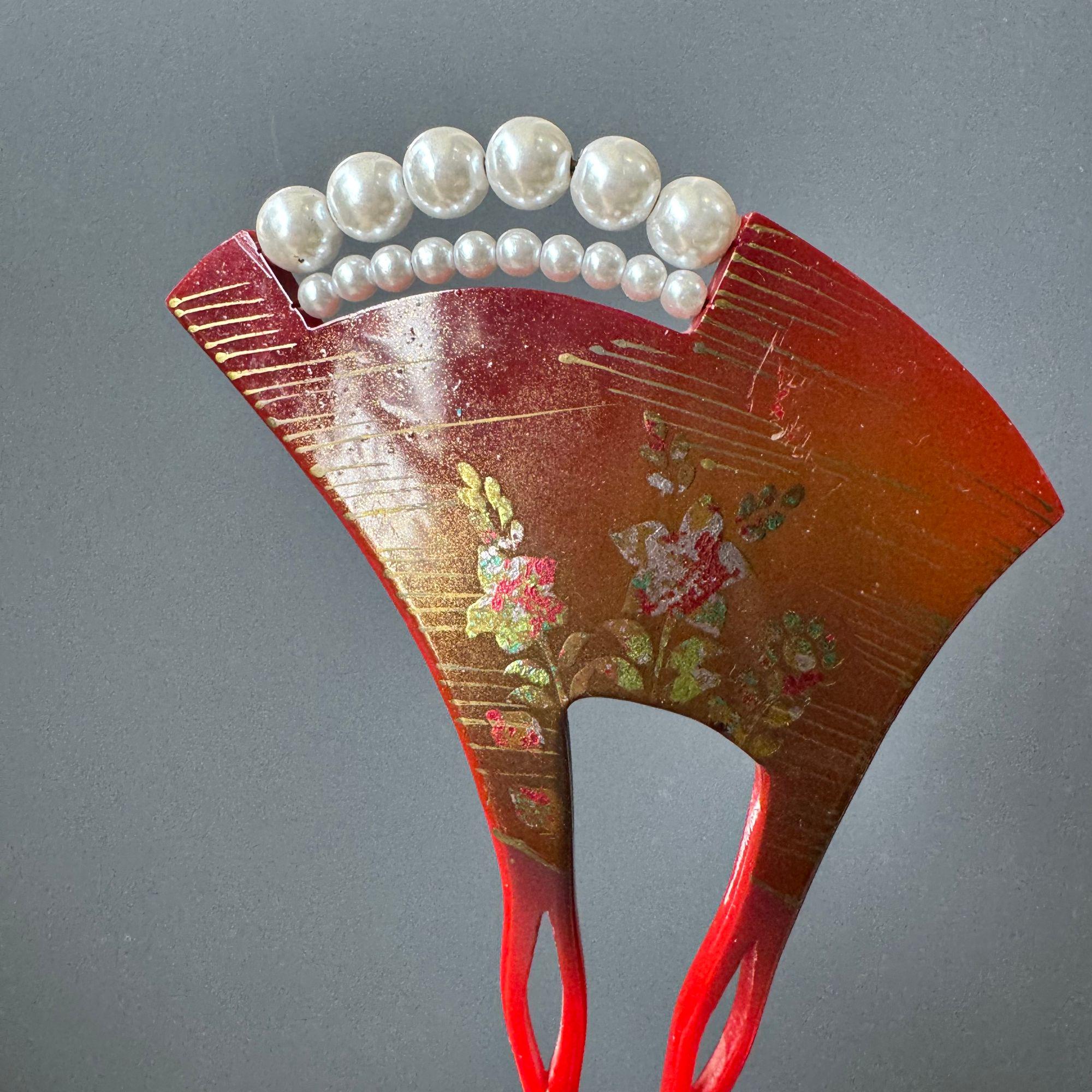 Vintage Japanese Kanzashi Hair Pin Fan Shape Gold Wheat Abalone Shell Signed Vintage Japanese Kanzashi, Faux Tortoise Shell Comb and Hair  main image 3