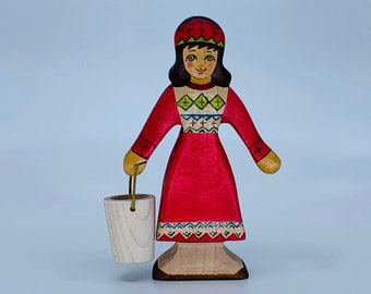 Toy woman with bucket wood red colorful dress 7.5 x 13 x 2.2 cm (wxhxs) 60 gr.