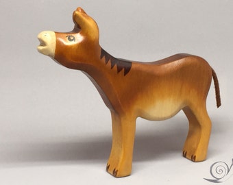 Spielzeug Esel Holz braun mit gehobenem Kopf ohne Satteltaschen Größe: 15,0x 14,0 x 2,2 cm (bxhxs) ca. 89,5 gr.