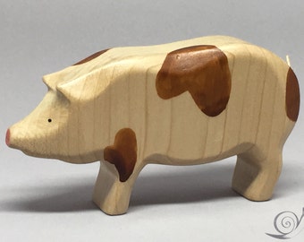 Spielzeug Schwein Holz weiß mit braunen Flecken - gross Größe: 11,0 x 6,0 x 2,7 cm (bxhxs)  ca. 67,0 gr.