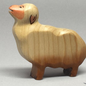 Toy Sheep wooden white brown pink colourful standing with heads up mowing Size: 7,0 x 6,5 x 2,0 cm bxhxs approx. 29,5 gr. image 1