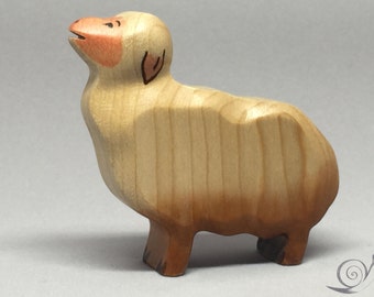 Toy Sheep wooden white brown pink colourful - standing with heads up mowing Size: 7,0 x 6,5 x 2,0 cm (bxhxs)  approx. 29,5 gr.