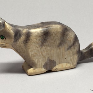 Toy Cat wooden grey black stripes stalking prowling Size: 10,5x5,0x2,2 cm (bxhxs) approx. 30 gr