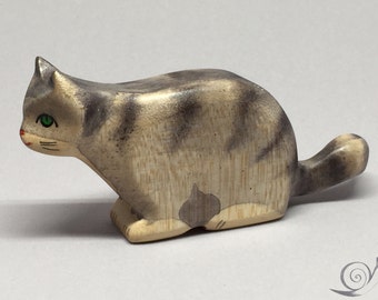 Toy Cat wooden grey black stripes stalking prowling Size: 10,5x5,0x2,2 cm (bxhxs) approx. 30 gr