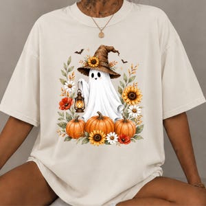 Floral Ghost Halloween Shirt, Cute Pumpkin Ghost Tee, Spooky Season Fall Shirt, Witch Hat Ghost Shirt, Cozy Fall Gift T-Shirt