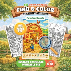 May include: A colorful printable PDF worksheet for kids, featuring a farm theme with hidden pictures and coloring activities. The cover shows a barn scene with a farmer, cow, and rooster. Includes 25 pages of activities for ages 6-10.