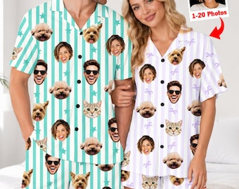 Custom Face Photo Pajama Set, Personalized Short Sleeve Sleepwear, Striped Loungewear