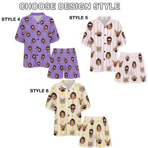May include: Three sets of short-sleeved button-down shirts and shorts labeled CHOOSE DESIGN STYLE. Style 4 is purple with repeating faces. Style 5 features pink and white vertical stripes with faces. Style 6 has yellow and white stripes with faces.