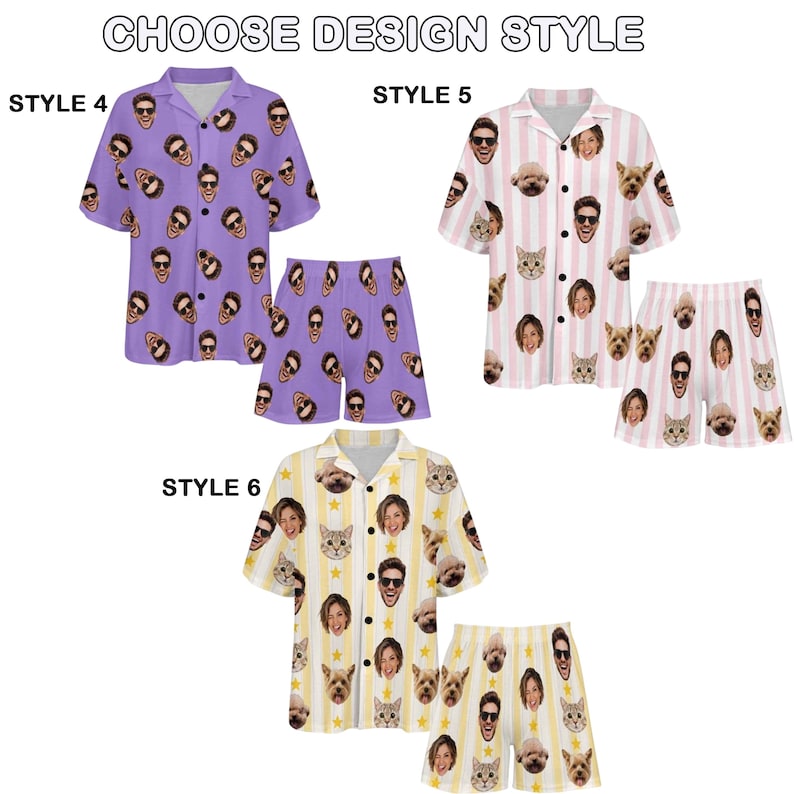May include: Three sets of short-sleeved button-down shirts and shorts labeled CHOOSE DESIGN STYLE. Style 4 is purple with repeating faces. Style 5 features pink and white vertical stripes with faces. Style 6 has yellow and white stripes with faces.
