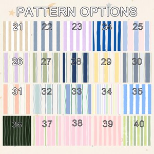 May include: A grid of twenty rectangular swatches labeled 21 through 40, each displaying a unique vertical striped pattern in various color combinations including blue, pink, green, yellow, and neutral tones, under the heading PATTERN OPTIONS.