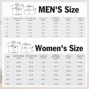 May include: A black and white size chart featuring two sections labeled MEN'S Size and Women's Size. Each section includes a line drawing of a shirt and shorts with labeled dimensions, followed by a table listing measurements in inches for sizes S to 3XL.