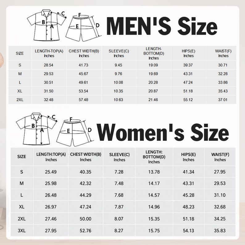 May include: A black and white size chart featuring two sections labeled MEN'S Size and Women's Size. Each section includes a line drawing of a shirt and shorts with labeled dimensions, followed by a table listing measurements in inches for sizes S to 3XL.