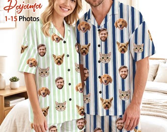 Custom Face Pajamas Set, Personalized Photo Short Sleeve Sleepwear Gift, Couple Matching Loungewear
