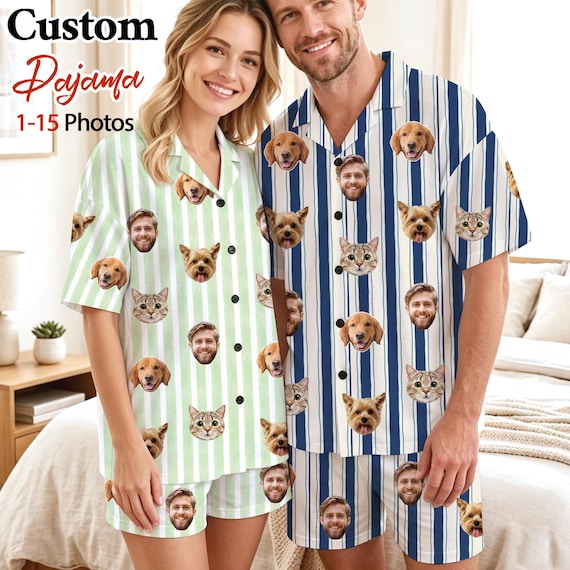Custom Face Pajamas Set, Personalized Photo Short Sleeve Sleepwear Gift, Couple Matching Loungewear