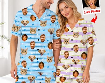 Custom Photo Face Pajama Set, Personalized Couple Loungewear, Matching Sleepwear