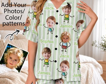 Custom Face Pajama Set, Personalized Cartoon Loungewear, Couples Matching Sleepwear