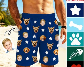Custom Face Men's Beach Shorts, Personalized Hawaii Swim Trunks, Pet Photo Shorts