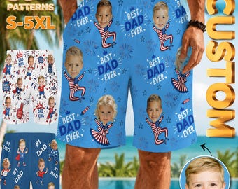 Custom Kid Face Men's Beach Shorts, Personalized Photo Swim Trunks, Patriotic Patterns board shorts