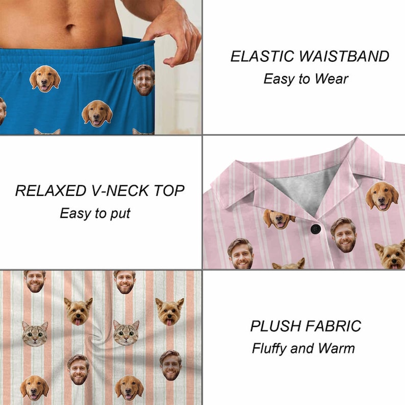May include: A set of pajamas featuring blue shorts with an elastic waistband and a pink and white striped V-neck top. Both pieces are decorated with a repeating pattern of printed dog faces and human faces. The fabric appears soft and plush.