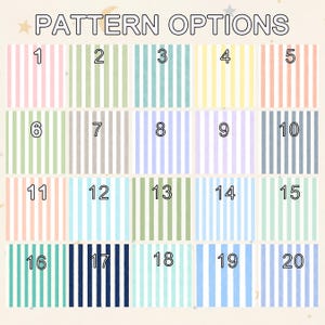 May include: A grid of twenty vertical striped pattern options labeled with numbers one through twenty. Each square features a unique color combination of white and pastel or solid tones, including pink, green, teal, yellow, orange, gray, blue, and purple.