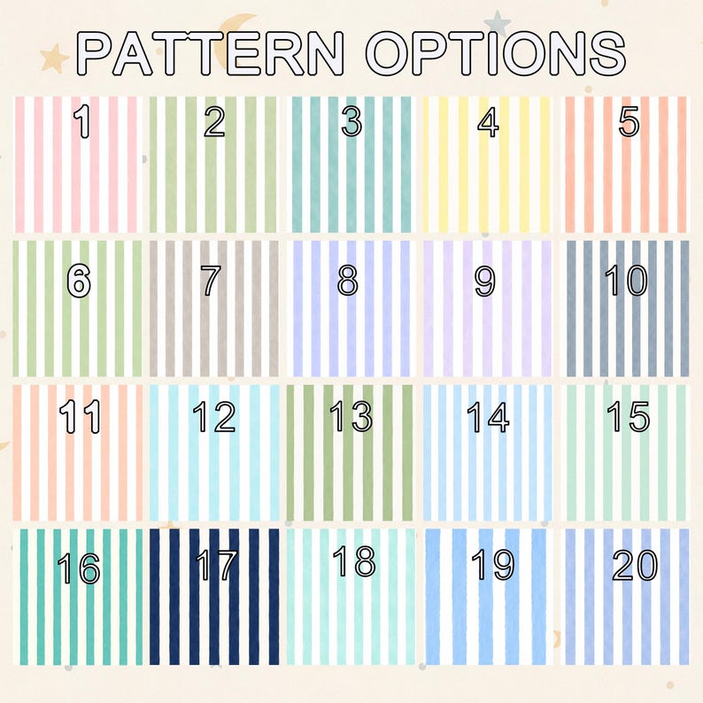 May include: A grid of twenty vertical striped pattern options labeled with numbers one through twenty. Each square features a unique color combination of white and pastel or solid tones, including pink, green, teal, yellow, orange, gray, blue, and purple.